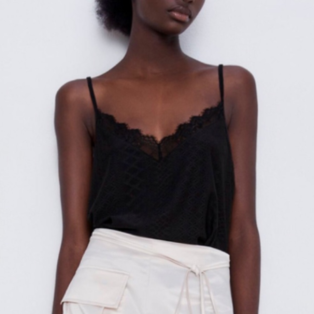 Zara Black Eyelet Textured Lace Detail Camisole Size M - Picture 1 of 11